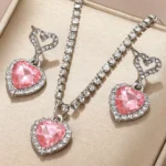 Pink Barbie Powder Shiny Crystal Peach Heart Pendant Earrings Necklace Jewelry Set for Women Engagement Wedding Bride Accessory